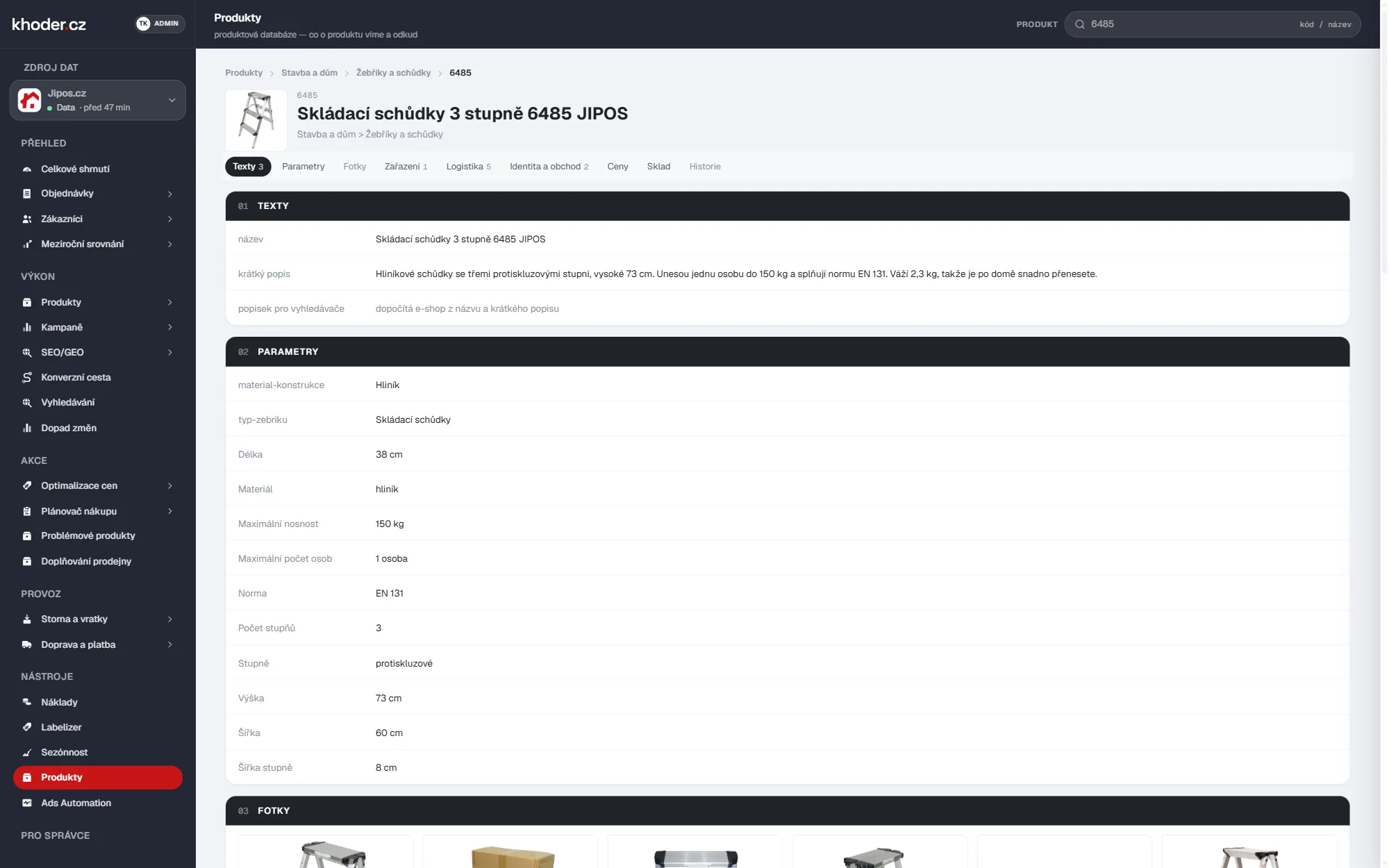 Karta nového produktu v databázi produktů: název, krátký popis a vyplněné filtrační parametry