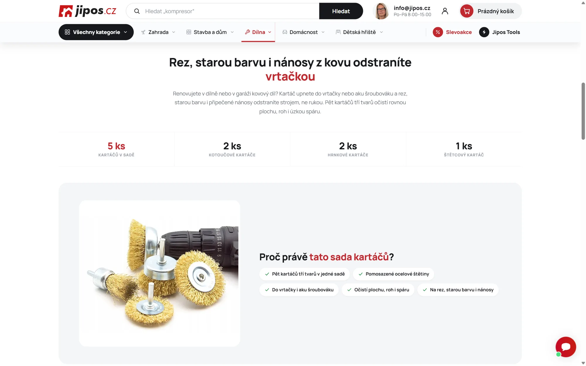Popis nového produktu na e-shopu ve vlastní šabloně: úvod, hlavní parametry a blok Proč právě tato sada kartáčů