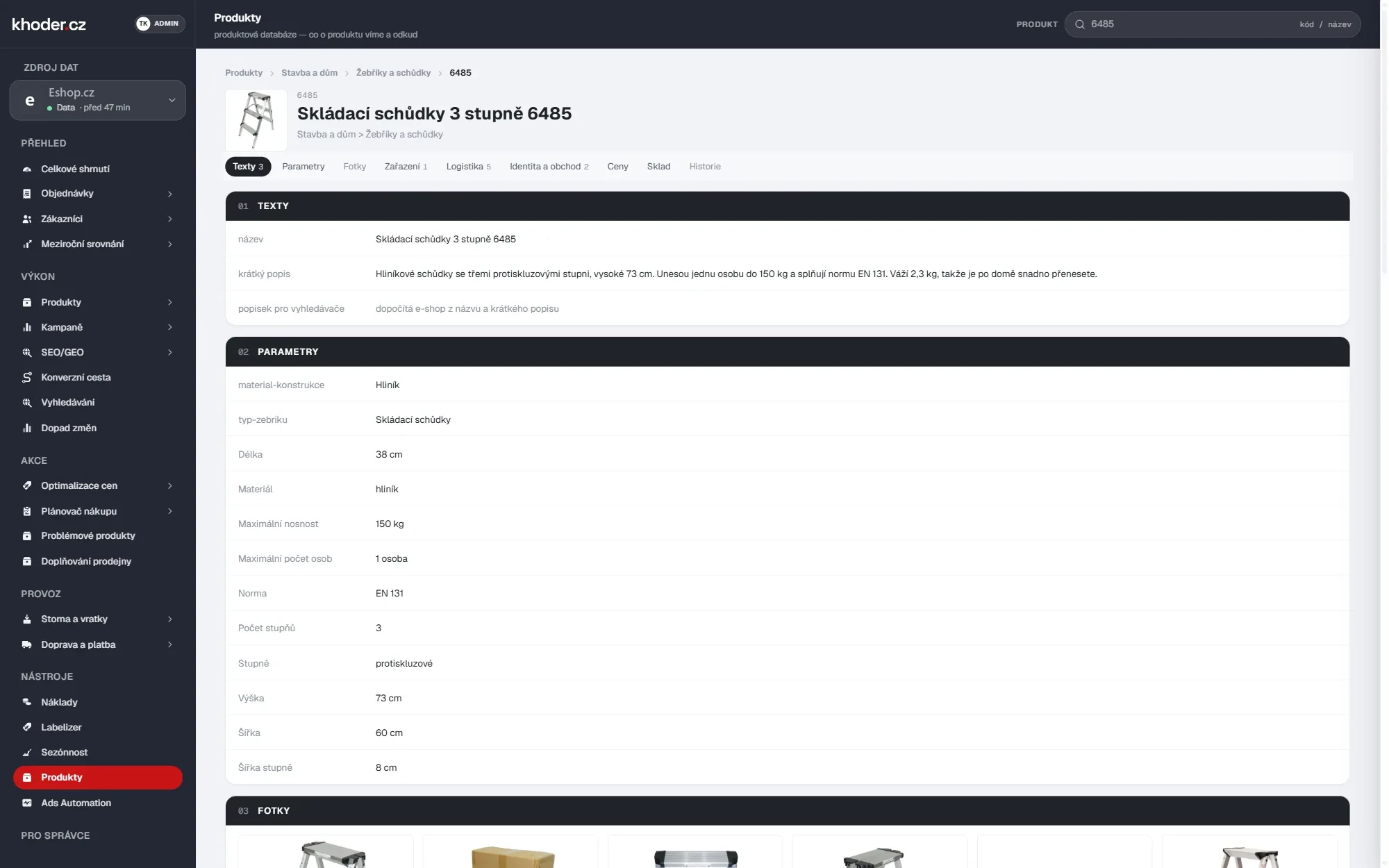 Karta nového produktu v databázi produktů: název, krátký popis a vyplněné filtrační parametry