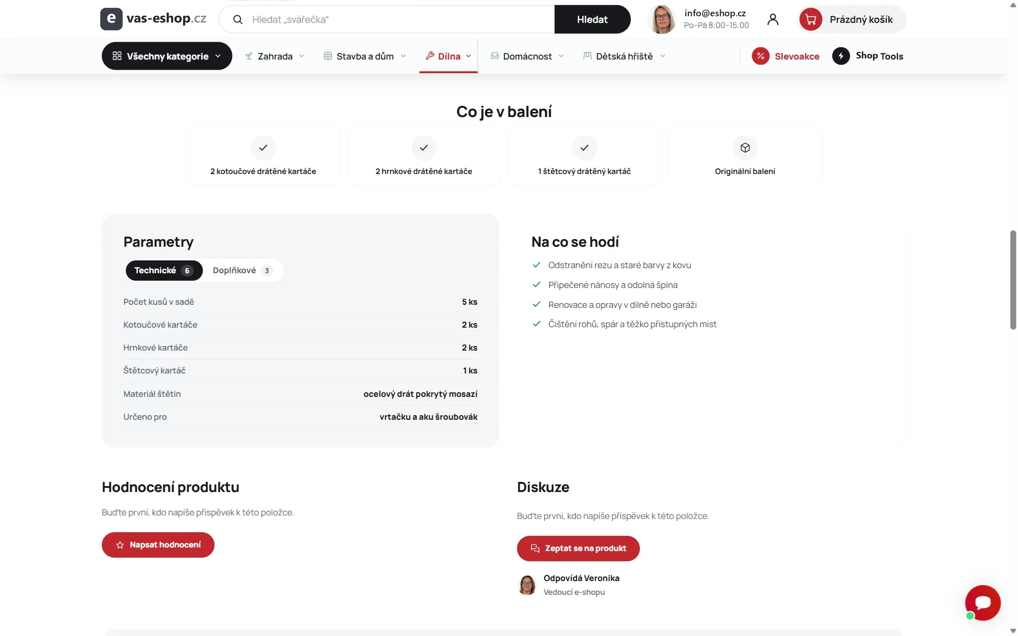 Hotový produkt na e-shopu: obsah balení, tabulka parametrů a Na co se hodí