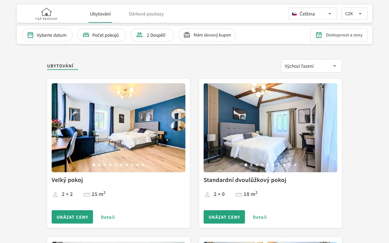 Rezervační okno Better Hotelu na webu penzionu: termín, počet osob a&nbsp;nabídka pokojů