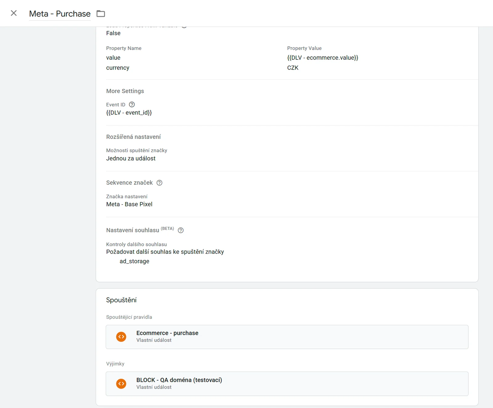 Značka Meta Purchase v Google Tag Manageru: ID události pro párování s Conversions API a další souhlas ad_storage