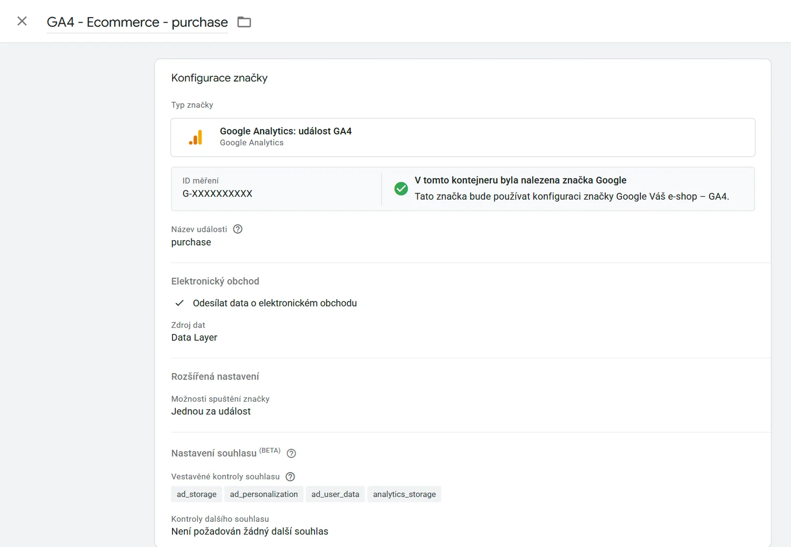 Značka GA4 purchase v Google Tag Manageru: data elektronického obchodu z datové vrstvy a vestavěné kontroly souhlasu