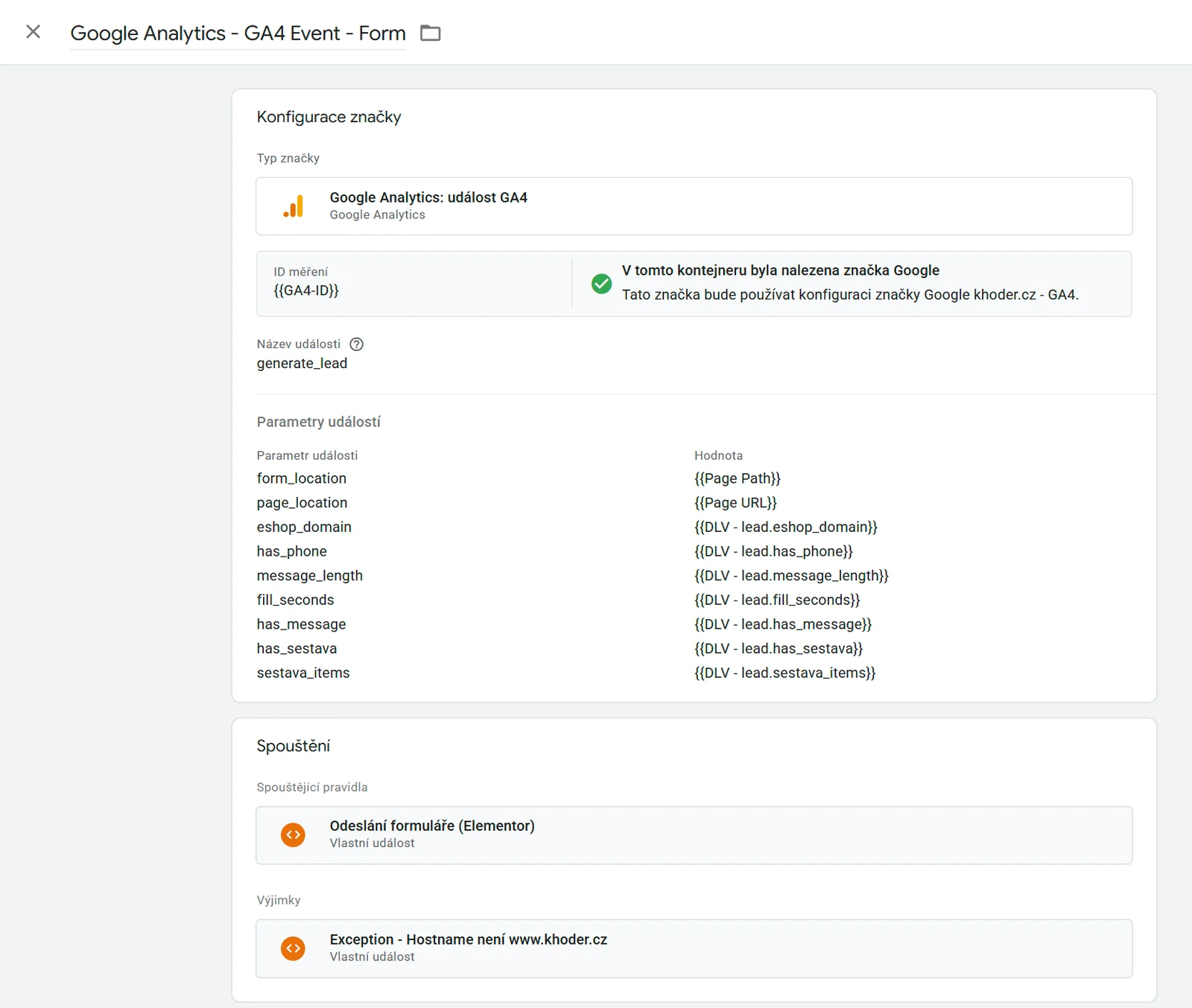 Značka GA4 generate_lead v Google Tag Manageru s parametry odeslaného formuláře bez osobních údajů