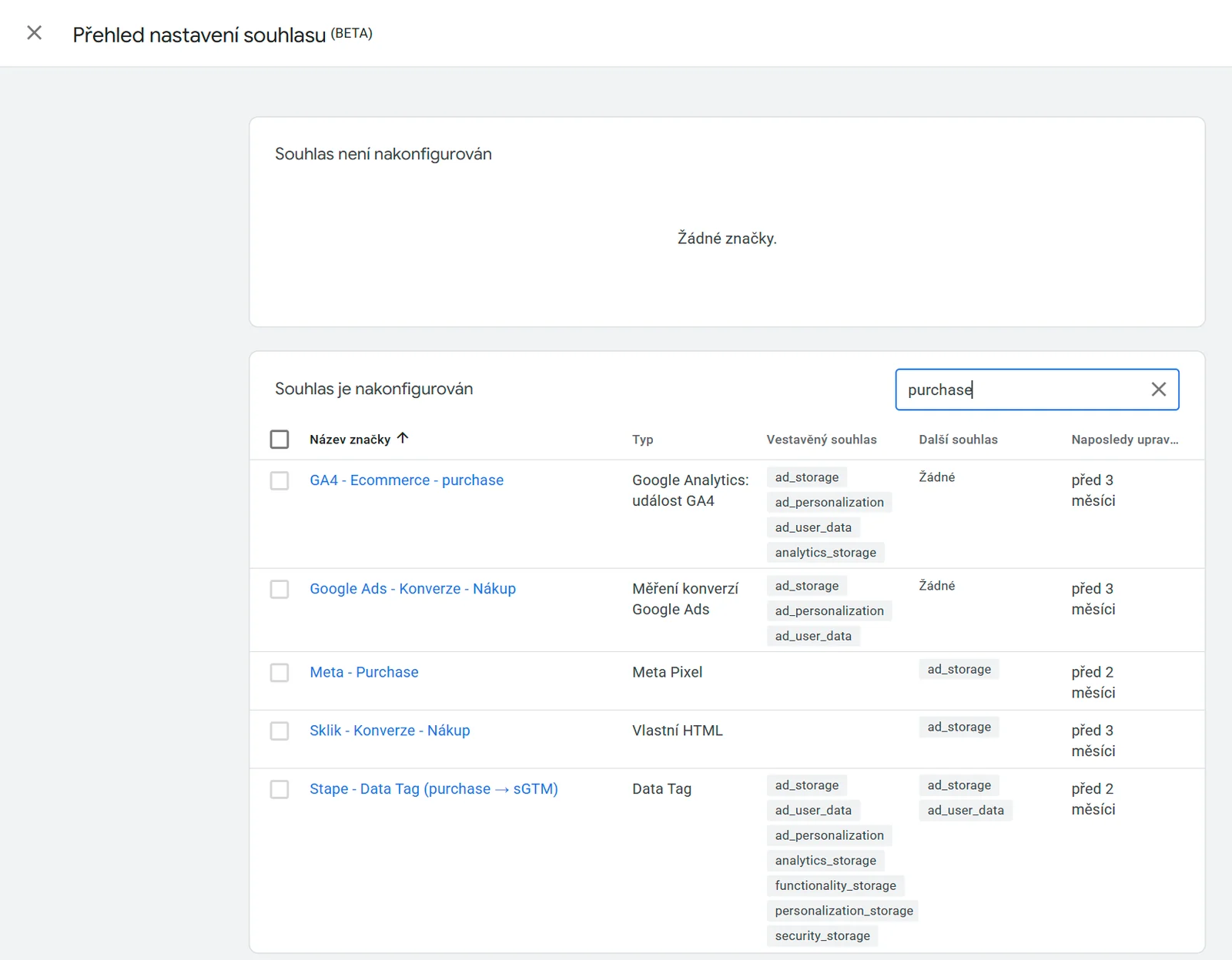 Přehled nastavení souhlasu v Google Tag Manageru: značky Google s vestavěným souhlasem, Meta a Sklik s dalším souhlasem ad_storage