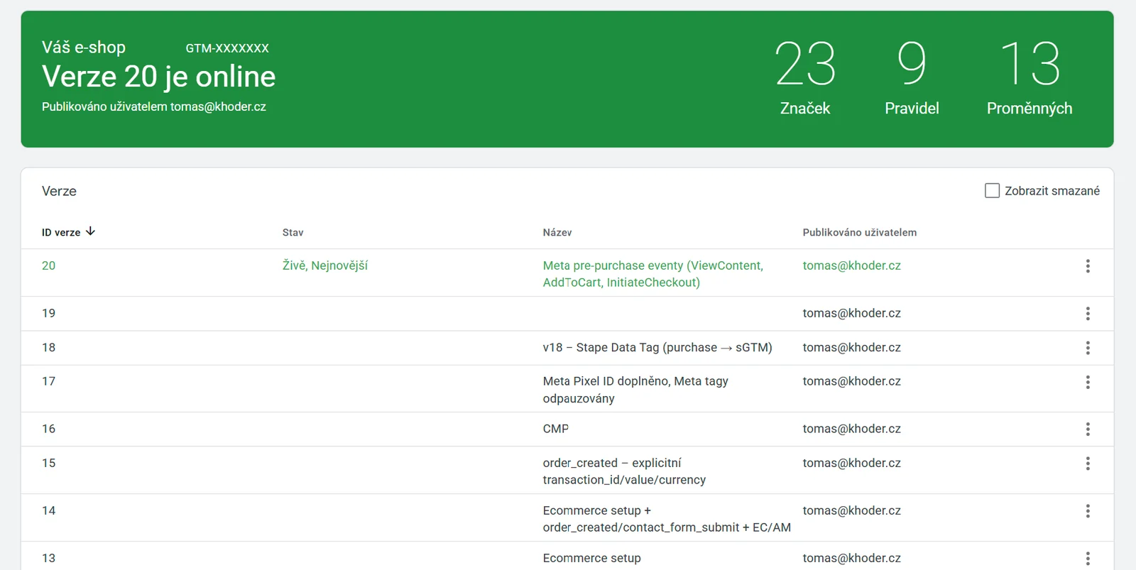 Verze kontejneru v Google Tag Manageru s popisem každé změny