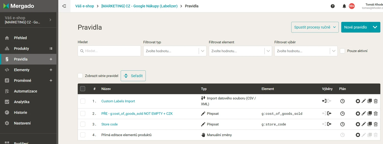 Pravidla projektu v Mergadu: import štítků z reportu do feedu pro Google Nákupy