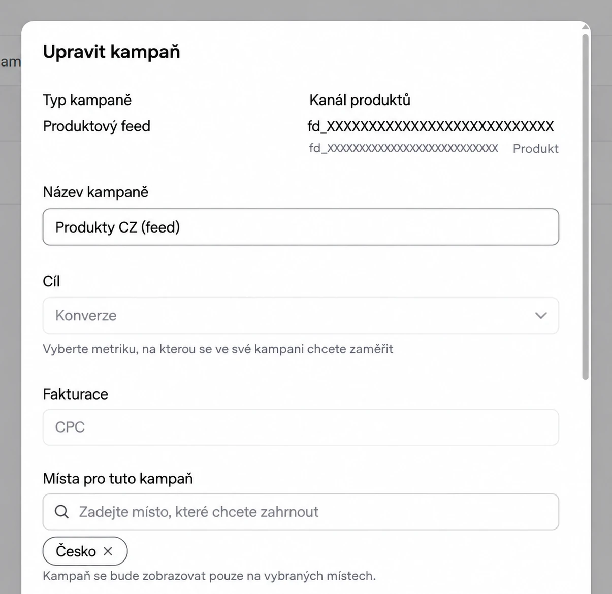 Úprava produktové kampaně ve Správci reklam v ChatGPT: cíl a fakturace zašedlé, kampaň se zobrazuje jen v Česku