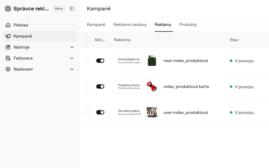 Správce reklam v ChatGPT: produktové reklamy v provozu