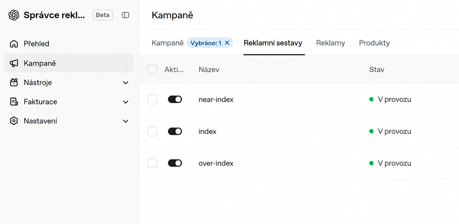 Reklamní sestavy ve Správci reklam v ChatGPT: near-index, index a over-index, všechny v provozu