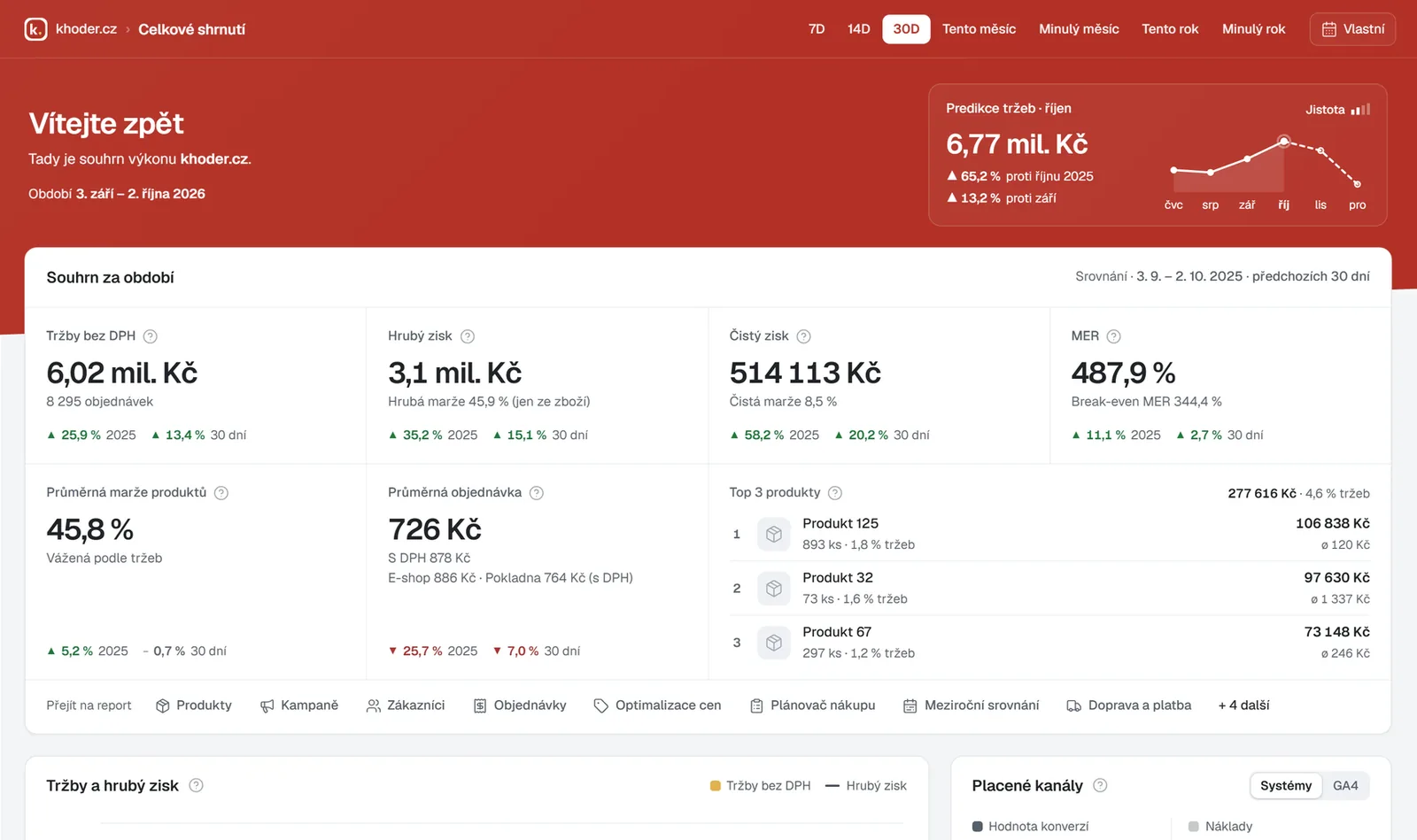 Celkové shrnutí v e-commerce reportu: tržby, hrubý a čistý zisk, MER a predikce tržeb