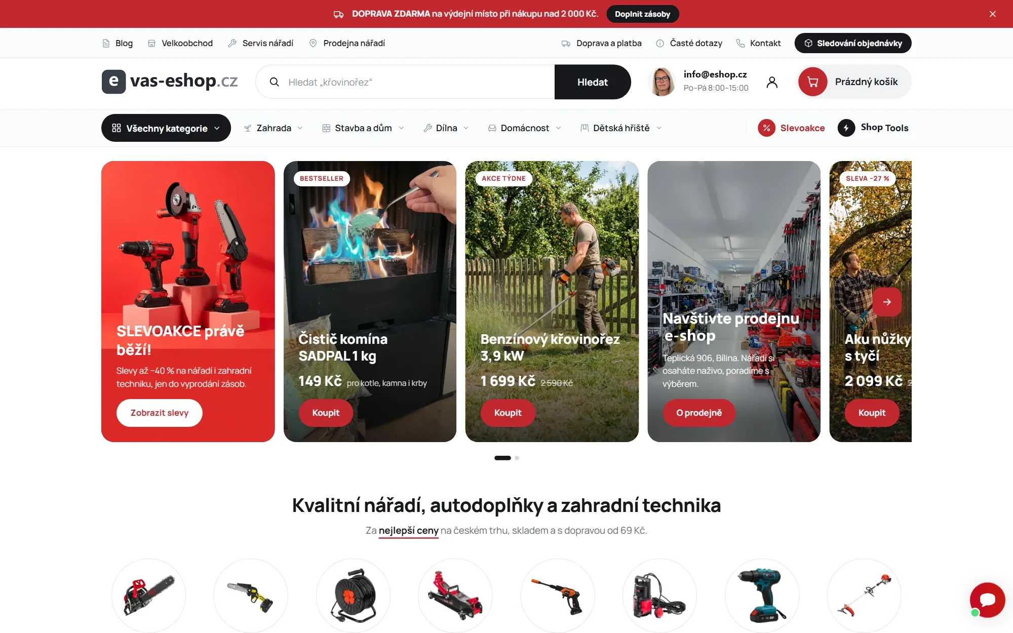 Úvodní karusel homepage e-shopu s kartami s videem, cenou a tlačítkem Koupit