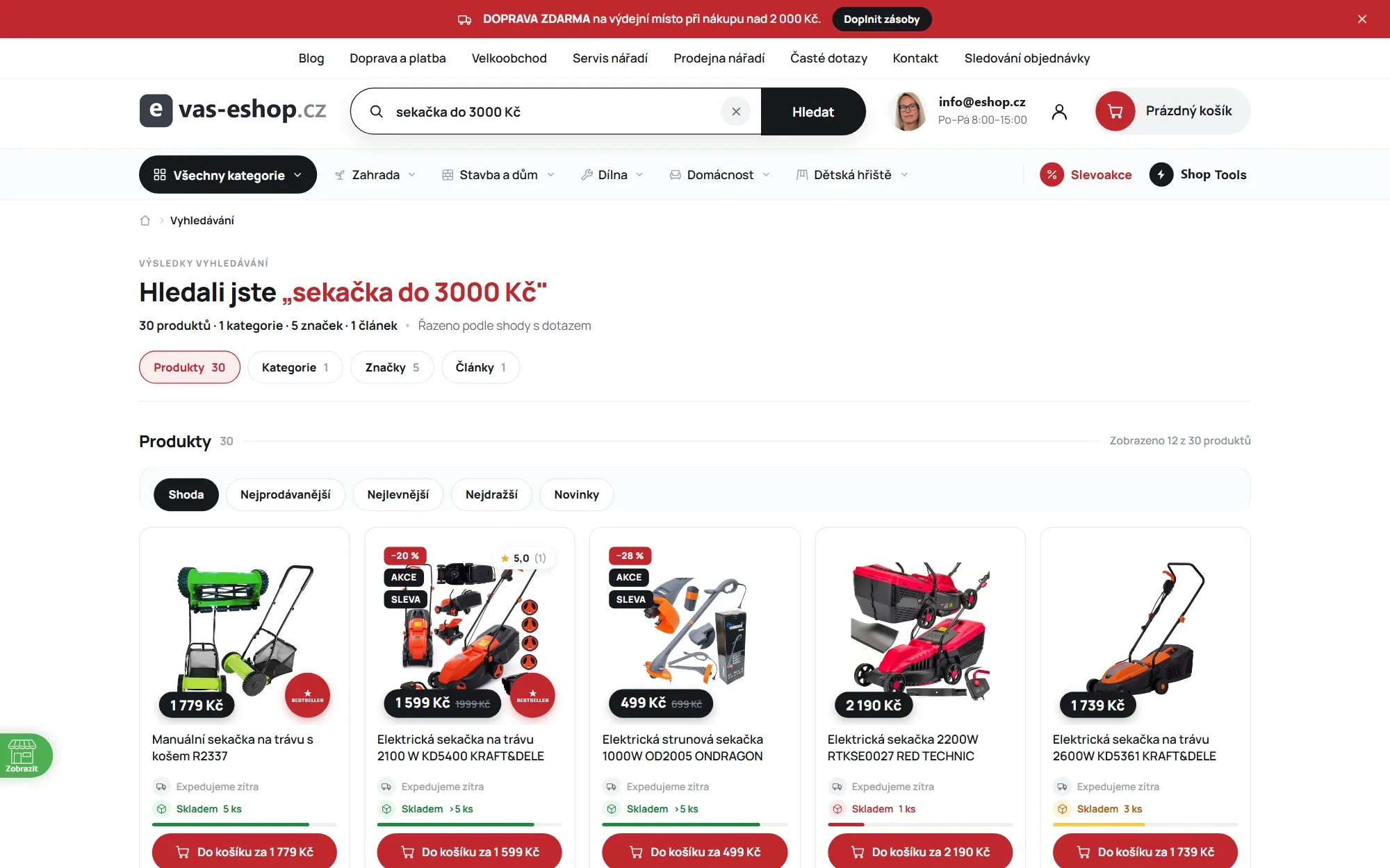 Stránka výsledků vyhledávání na Shoptetu pro dotaz sekačka do 3000 Kč, rozdělená na produkty, kategorie, značky a články