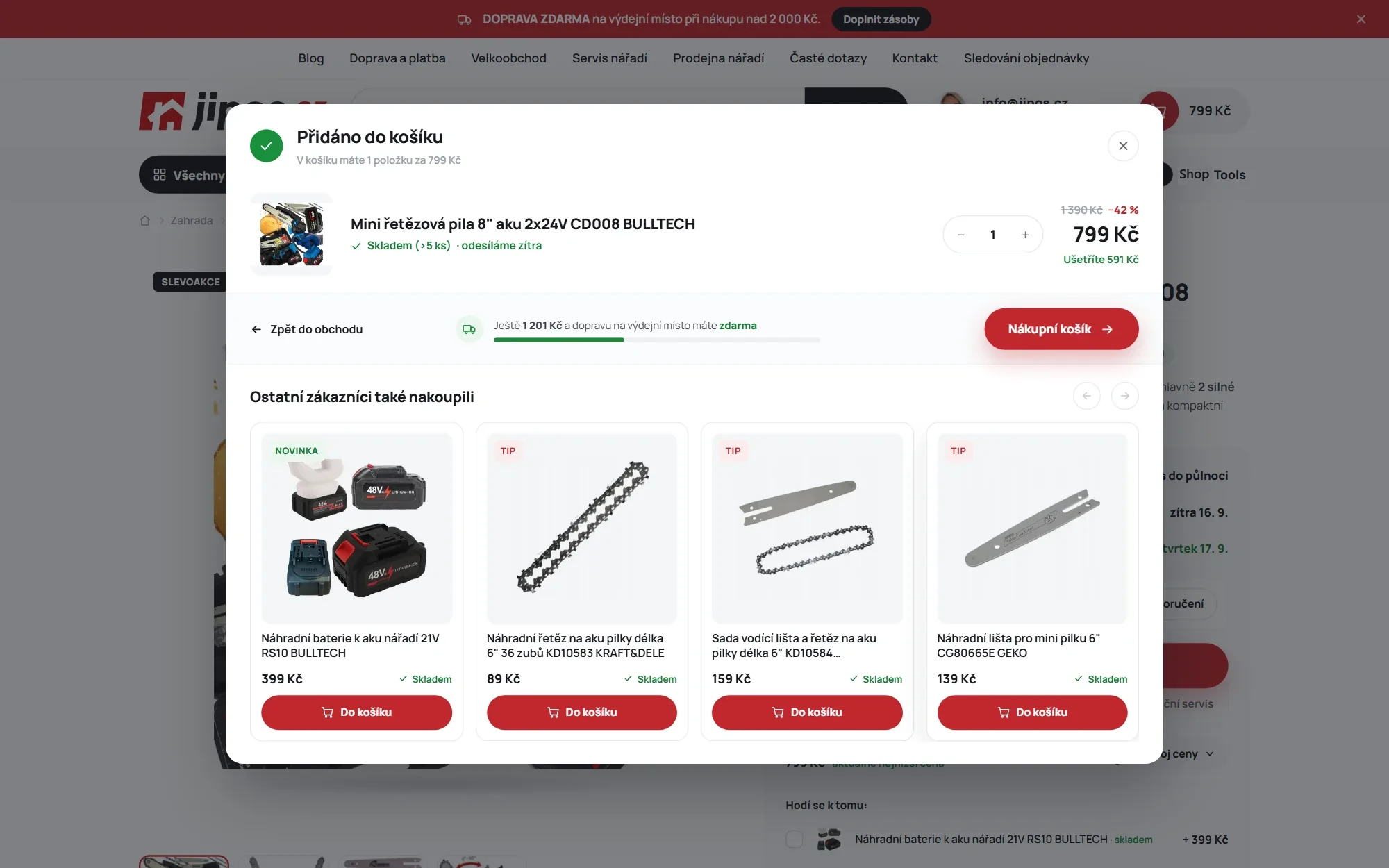 Vlastní okno Přidáno do košíku na Shoptetu s ukazatelem dopravy zdarma