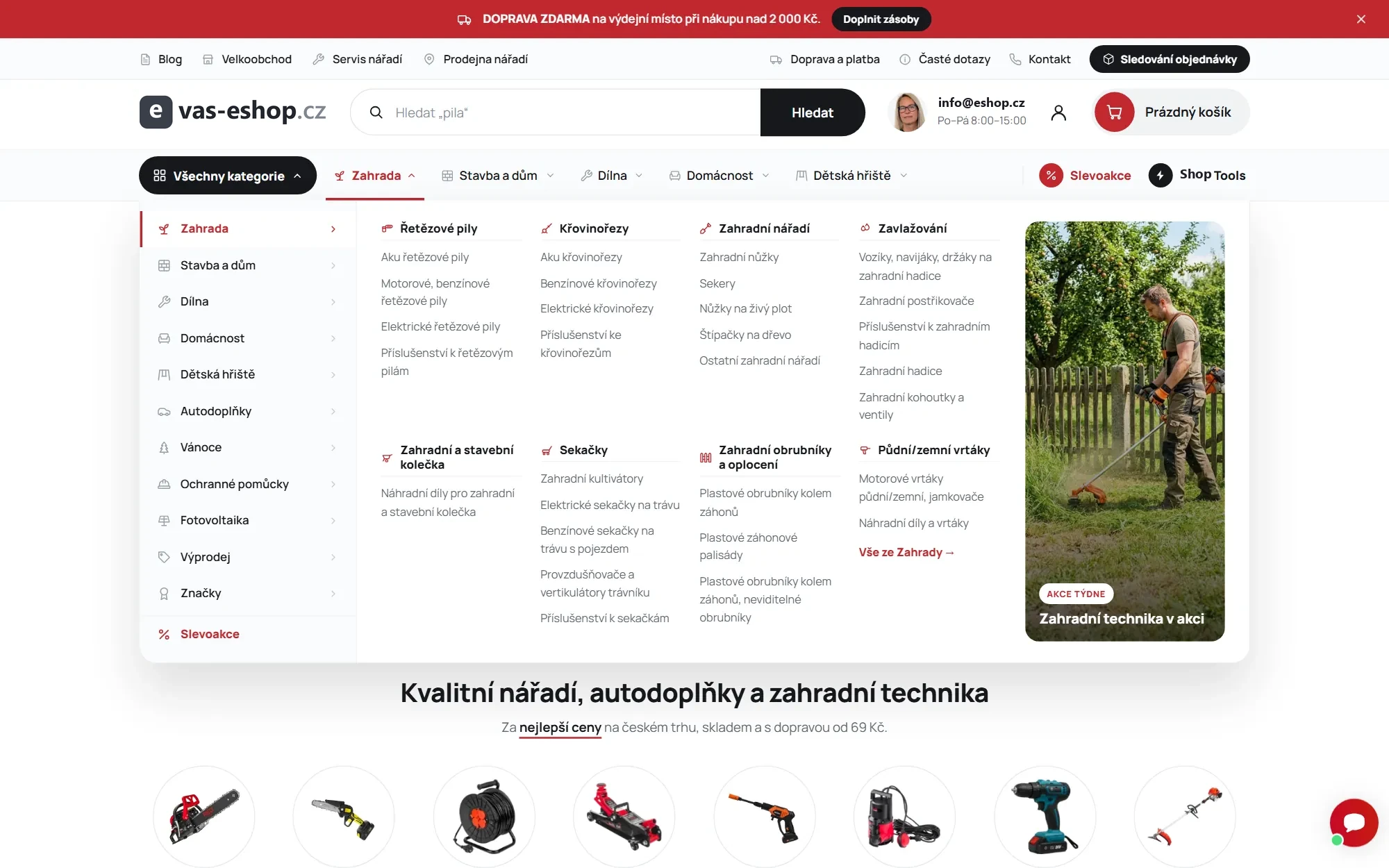 Mega menu e-shopu otevřené na kategorii Zahrada