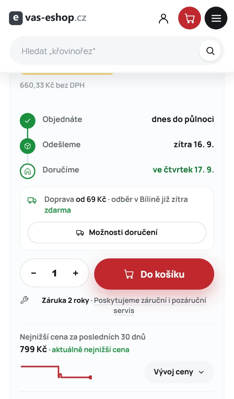 Mobilní detail produktu s časovou osou Objednáte, Odešleme, Doručíme