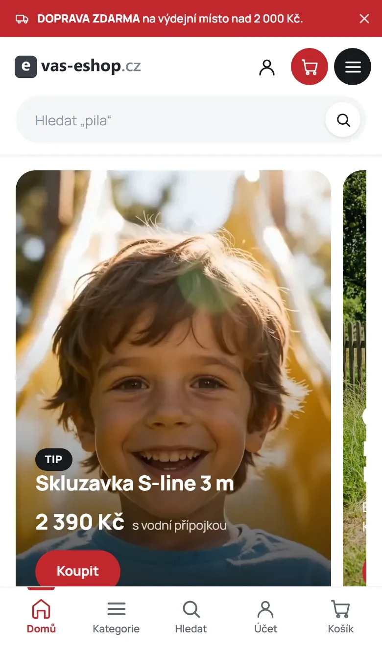 Titulní stránka e-shopu s nářadím na mobilu