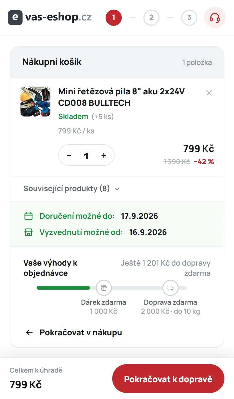 Mobilní košík s termínem doručení a pásem k dopravě zdarma