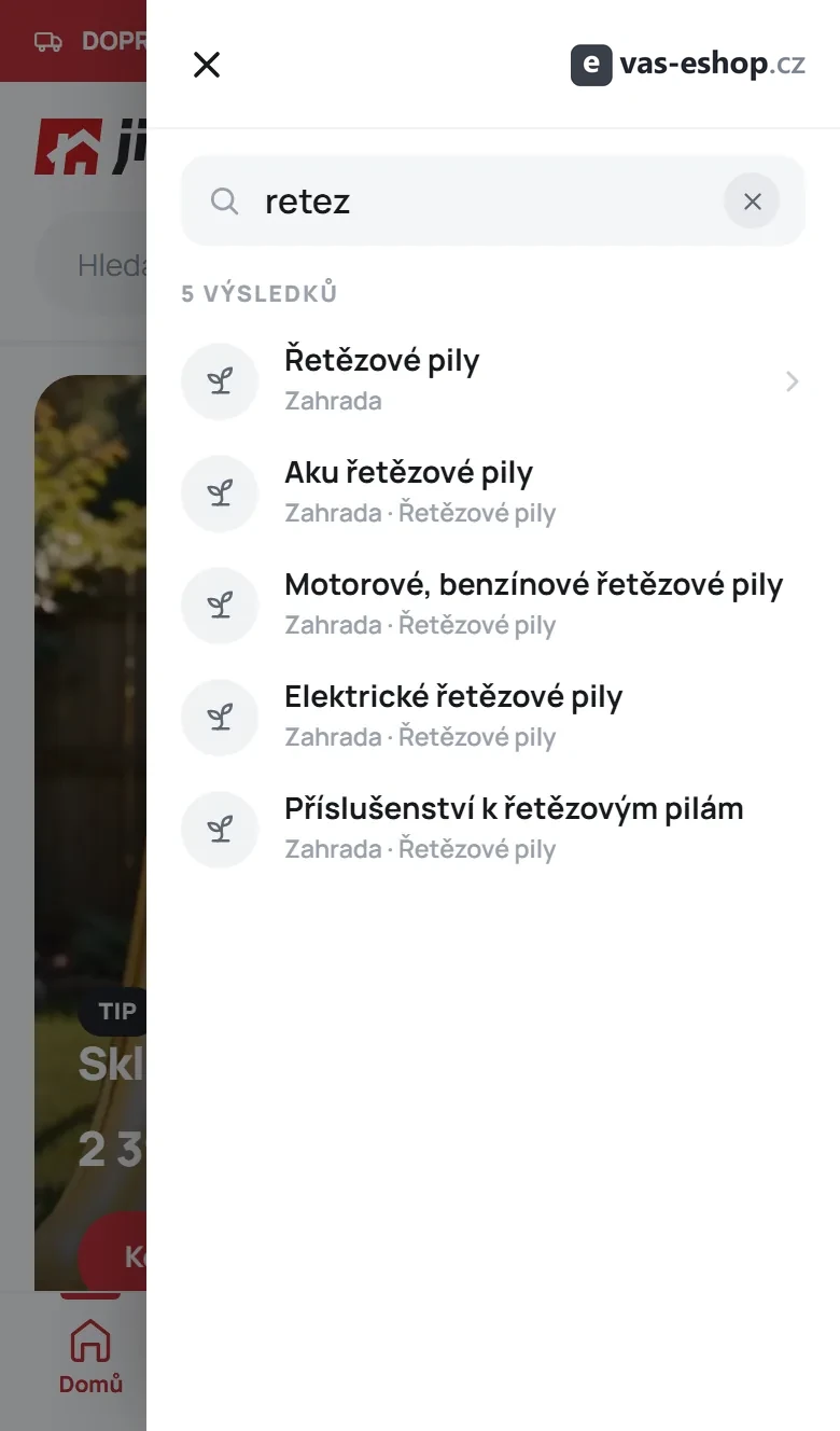 Mobilní menu s hledáním kategorií