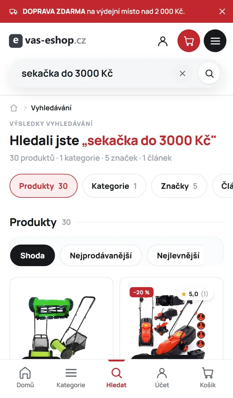 Mobilní stránka výsledků pro dotaz sekačka do 3000 Kč s rozdělením na produkty, kategorie, značky a články