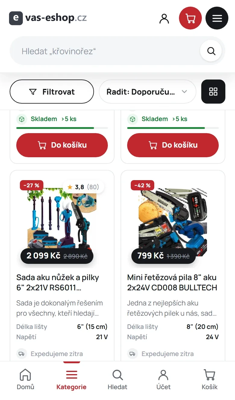 Mobilní výpis s parametry na kartách
