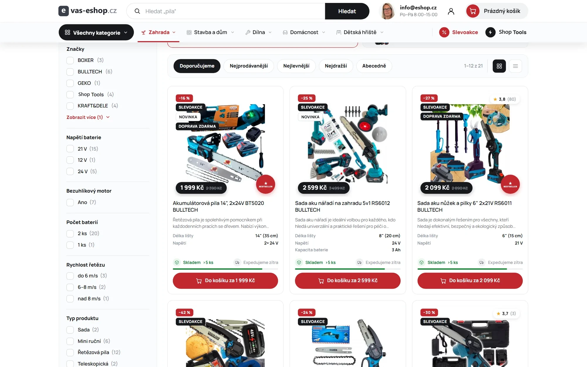 Výpis kategorie aku řetězových pil s parametry na kartách produktů