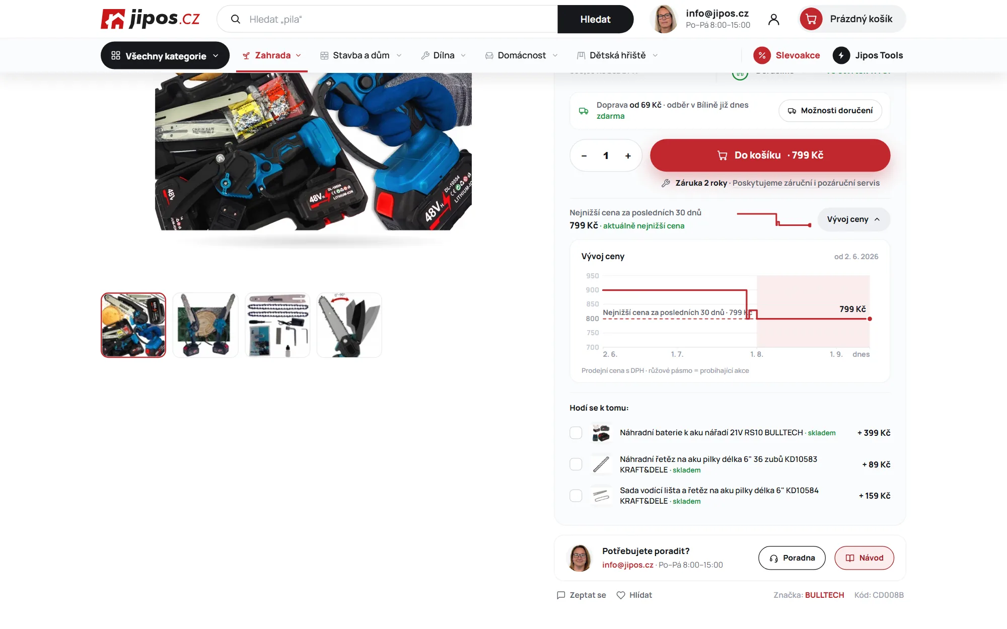 Detail produktu na jipos.cz s grafem vývoje ceny a příslušenstvím u tlačítka do košíku