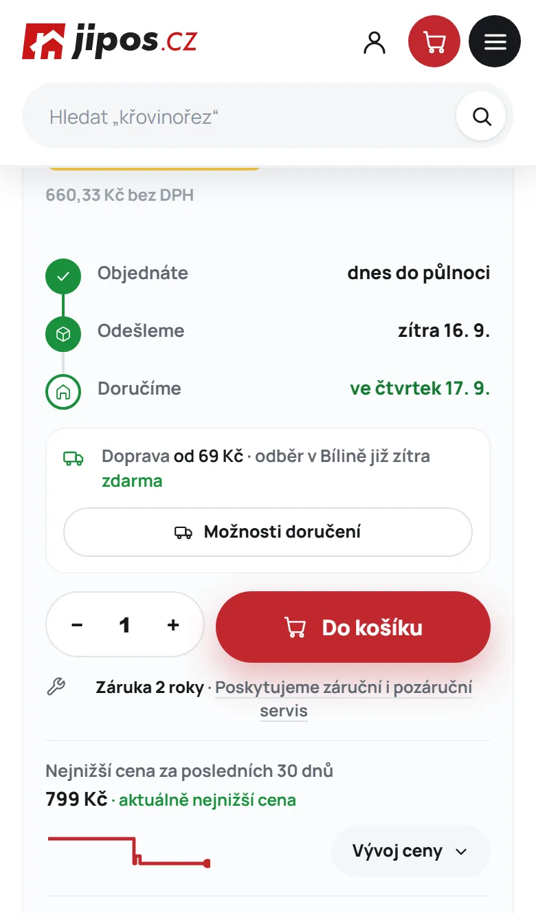 Mobilní detail produktu s časovou osou Objednáte, Odešleme, Doručíme
