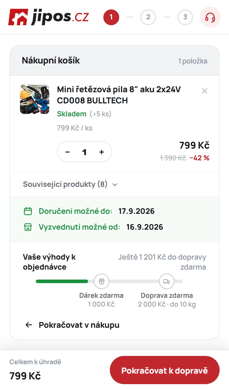 Mobilní košík s termínem doručení a pásem k dopravě zdarma