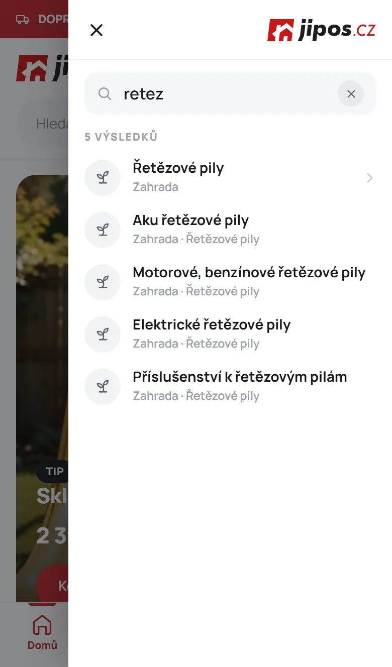 Mobilní menu kategorií s hledáním