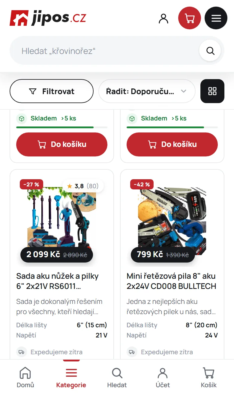 Mobilní výpis s přilepenou pilulkou Filtrovat a parametry na kartách