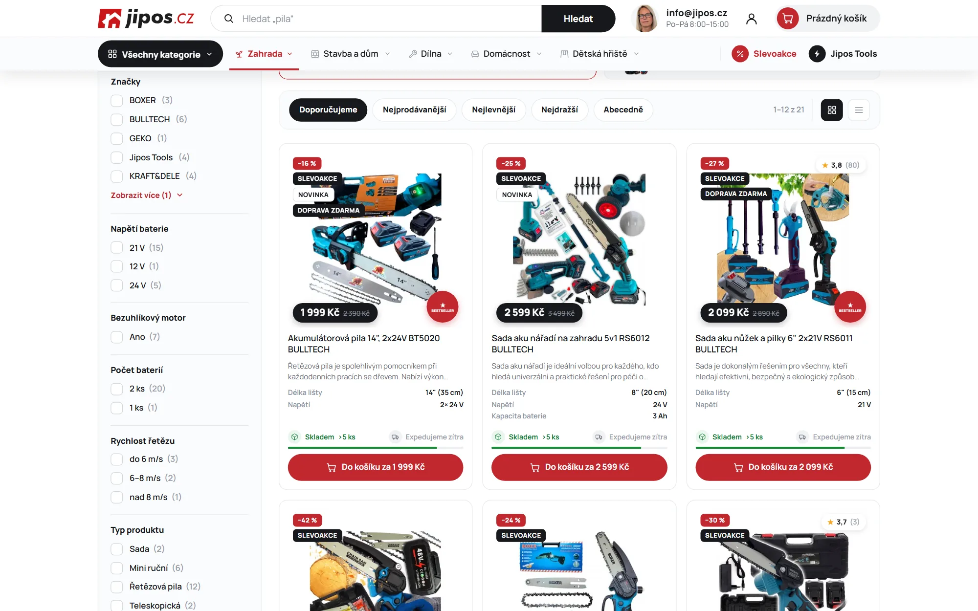 Výpis kategorie aku řetězových pil s filtry a parametry na kartách produktů