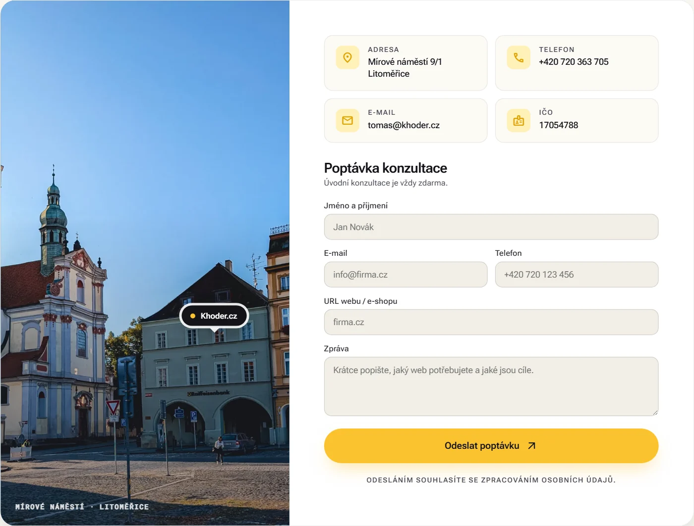 Kontakt na landing page khoder.cz: telefon, e-mail a formulář poptávky