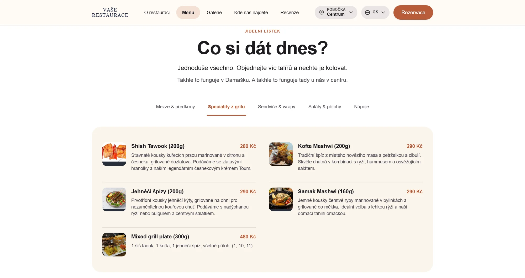 Jídelní lístek na webu restaurace: záložky kategorií, jídla s popisem, fotkou a cenou
