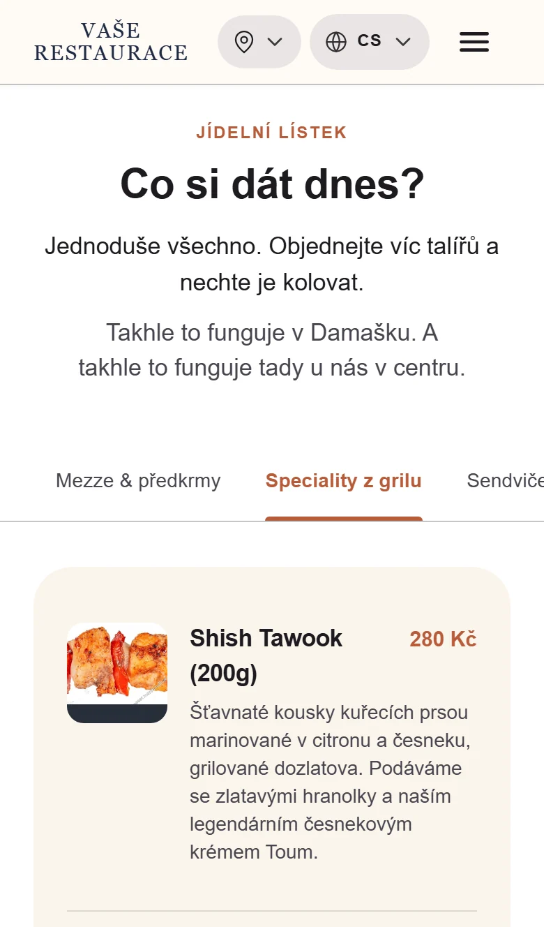 Jídelní lístek webu restaurace na mobilu