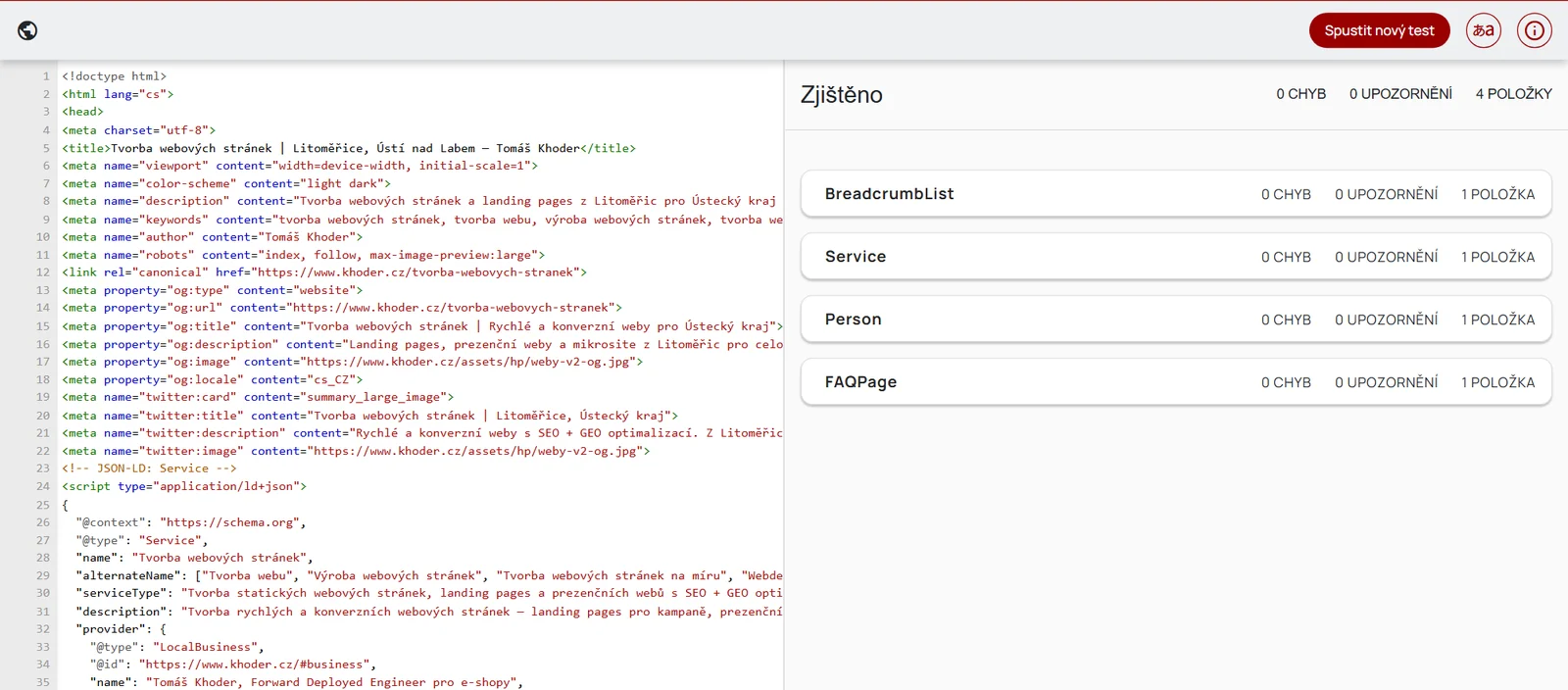Test strukturovaných dat stránky ve validátoru Schema.org: BreadcrumbList, Service, Person a FAQPage bez chyb
