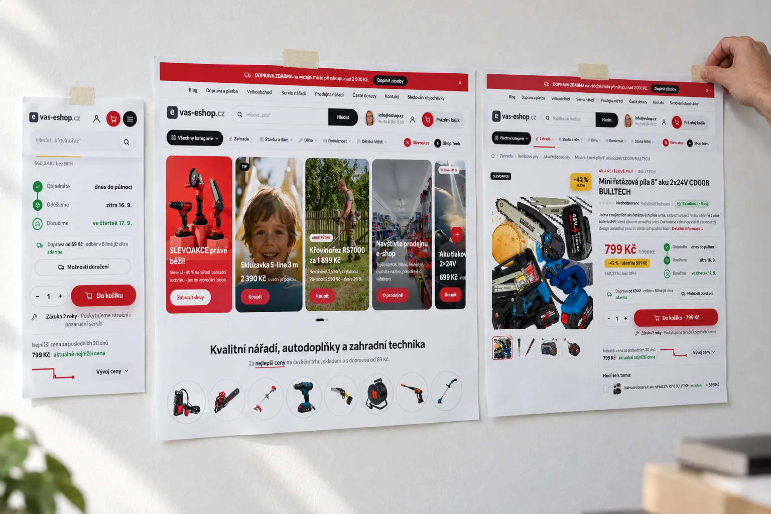 Výtisky titulní stránky, detailu produktu a mobilní verze e-shopu s nářadím v nové šabloně přilepené na zdi