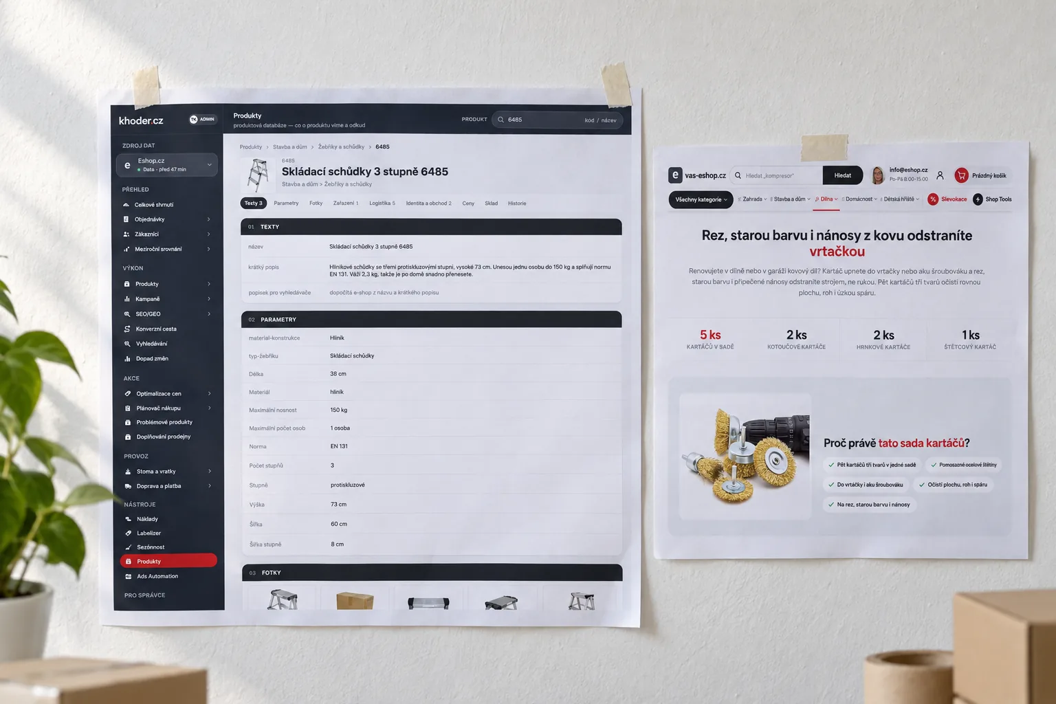 Vytištěná karta nového produktu v databázi produktů a hotová stránka produktu na e-shopu na zdi